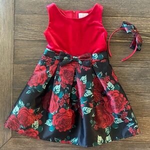 Place Dress Girls 5 w Headband Bow Red Black Floral Valentine Holiday Twirl Zip